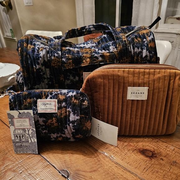 Sezane Handbags - Sezane Inoui Travel Bowling Bag with Cosemtic and Toiletry Bag Blue Gold Gray